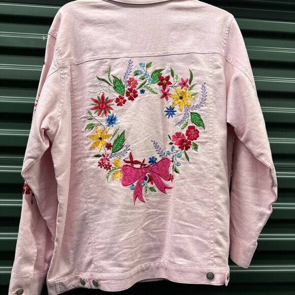 Quacker Factory Pink Linen Blend Embroidered Butterfly & Floral Jacket Sz Medium - Picture 9 of 11